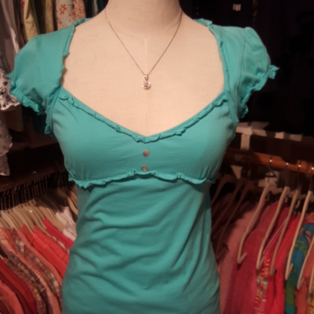 ANXIETY ♡ Sweet Vintage Turquoise Boat Neck Ruffled Trim Tie Back Babydoll Top M